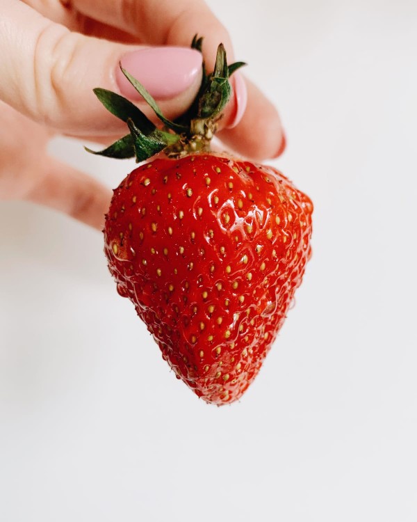 Gros plan sur une fraise, tenue par la queue par une main de femme