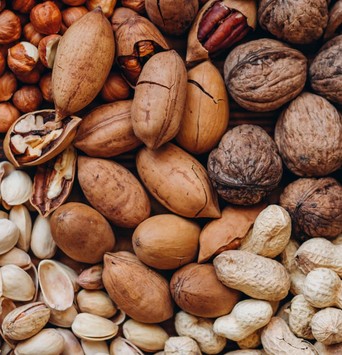 Gros plan sur une liste d'oléagineux comme des noisettes, des noix, des cacahuètes et des pistaches