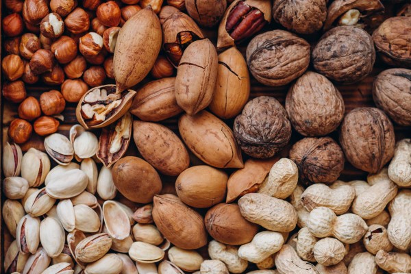 Gros plan sur des oléagineux comme des noisettes, des pistaches, de noix et des cacahuètes