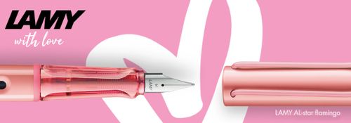 Flamingo LAMY AL-star pen, set against a pink background with a white heart. Text: "LAMY with love."