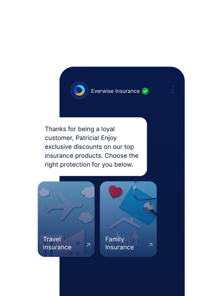 Everwise Insurance sends a personalized message to Patricia, offering exclusive discounts. Two clickable options are shown: Travel Insurance and Family Insurance.