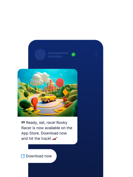 A playful promo message invites users to download “Rooky Racer” from the App Store, featuring a colorful racing game image and a “Download now” call-to-action button.