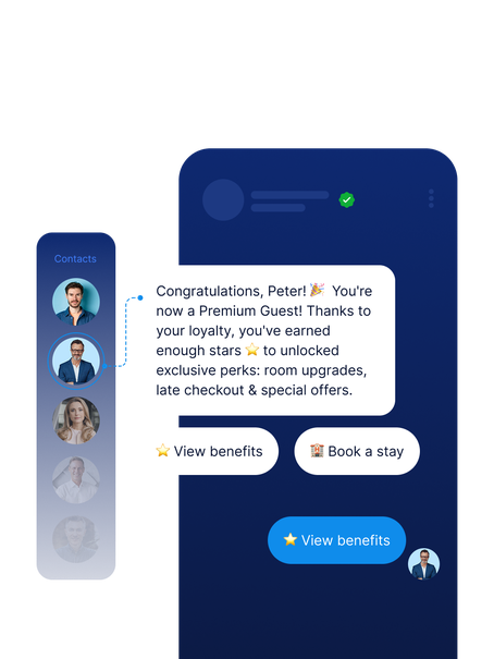Peter receives a loyalty message declaring him a Premium Guest, with options to view benefits or book a stay - powered by CRM-connected, automated messaging.