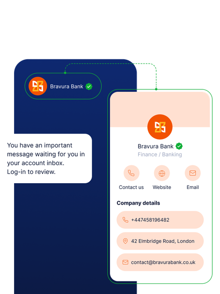 A verified message from Bravura Bank prompts user to log in for an important alert. Rich message includes contact details, ensuring identity validation and trust.