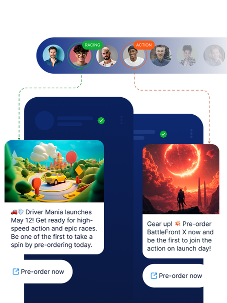 Users segmented by game preference receive tailored messages: racing fans see Driver Mania, action fans get BattleFront X. Both offer pre-order CTAs and branded visuals.