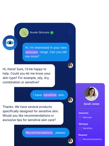A chatbot from Nuvée Skincare chats with Sarah Jones to identify her skin type as sensitive and gather preferences, enabling tailored product recommendations instantly.
