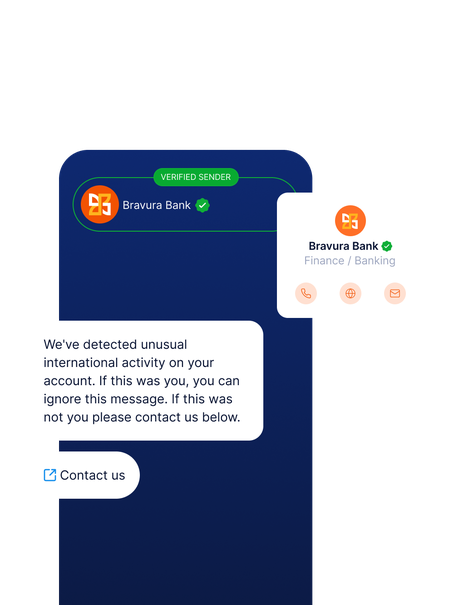 A verified message from Bravura Bank alerts user to unusual account activity, offering secure contact options to confirm identity and safeguard against fraud.