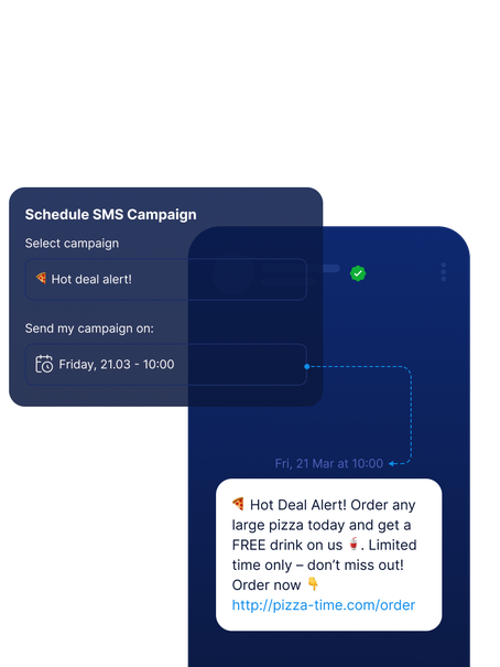 A marketer schedules an SMS campaign titled "Hot deal alert!" to send on March 21 at 10:00. The message promotes a pizza deal with a free drink and link to order.