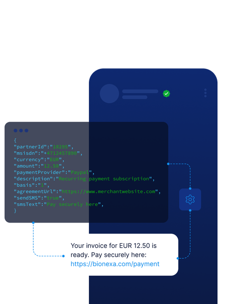 A JSON-based API triggers a secure SMS with a PayPal payment link for EUR 12.50. Includes code snippet and resulting user message with secure payment URL.