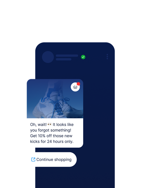 A personalized message reminds user of an abandoned cart item—offering 10% off sneakers for 24 hours. Includes image of shoes and a "Continue shopping" button.