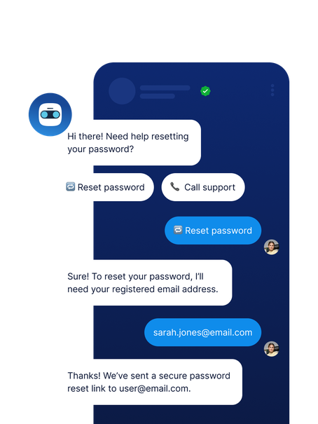 A chatbot guides the user through password reset by requesting their email. After submission, the user receives a secure reset link, ensuring a seamless support experience.