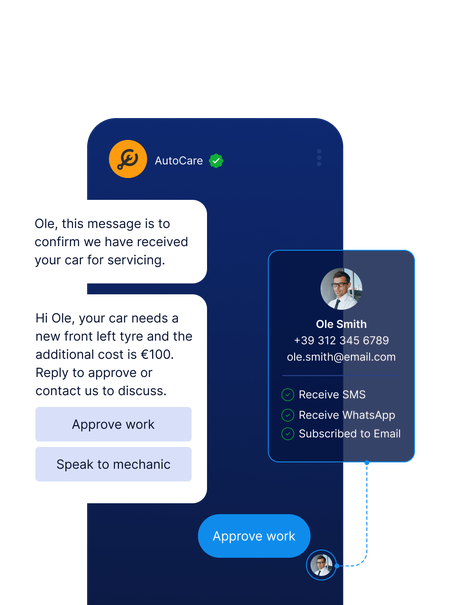AutoCare confirms car servicing via message to Ole. User is notified of €100 tyre replacement and can approve or speak to a mechanic across SMS, WhatsApp, or email.