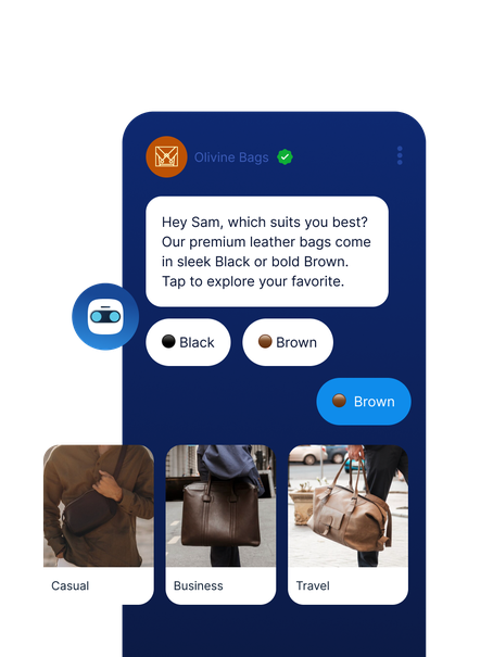 A chatbot from Olivine Bags helps Sam choose between Black or Brown leather bags. Sam selects Brown, then browses casual, business, and travel styles with images.