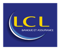 Blue logo with yellow "LCL" text and white "BANQUE ET ASSURANCE" underneath; features a white and blue curved design on the left.