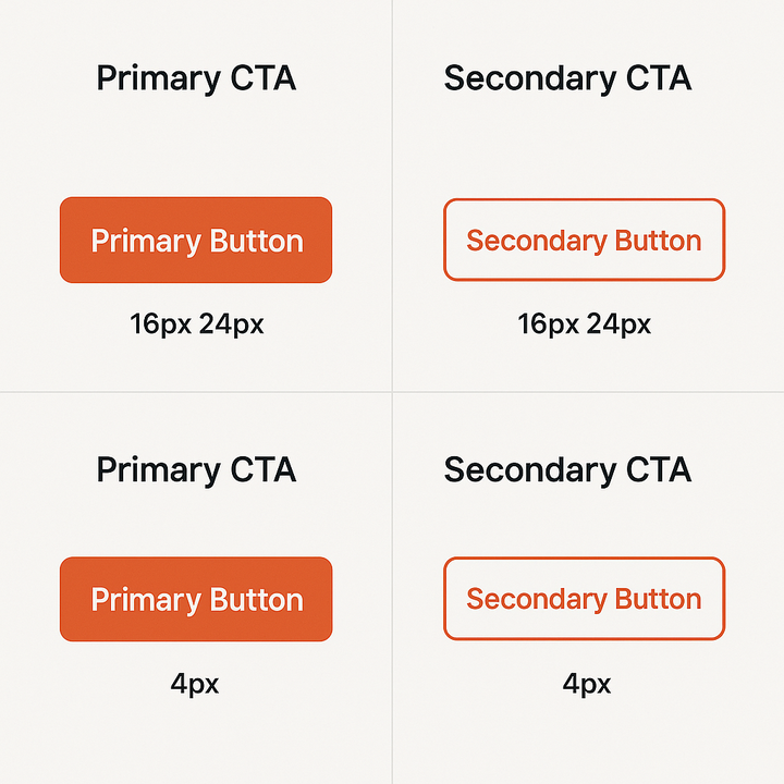 Graphic showing Email Design Best Practices for CTA buttons. The example compares primary and secondary call-to-action button styles with different padding and border-radius settings - illustrating how consistent sizing and hierarchy improve clarity and clickability in email design.