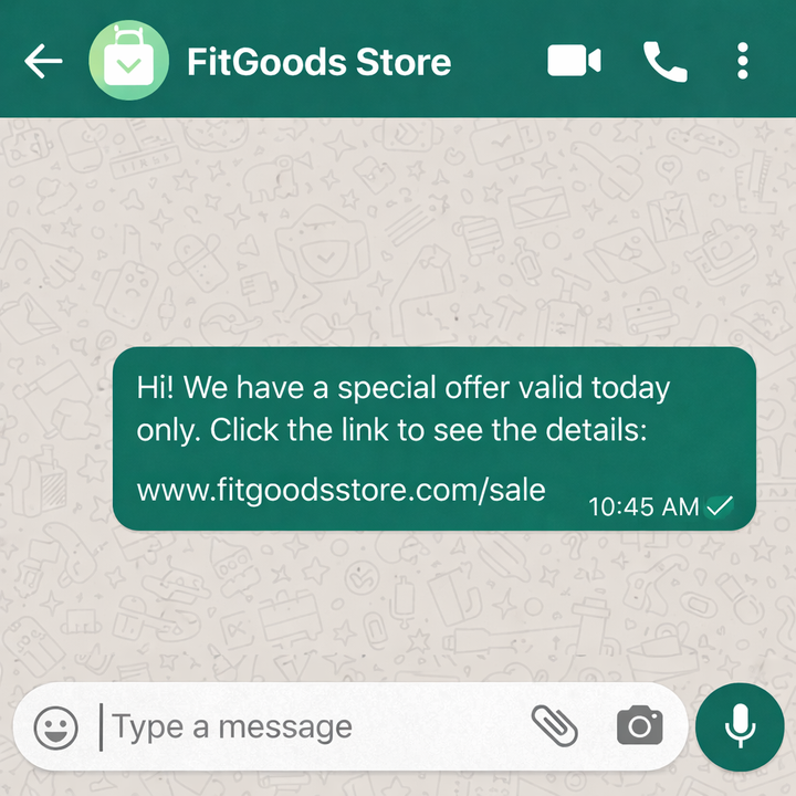 Screenshot of a WhatsApp Business chat with “FitGoods Store” showing a promotional message with a website link and a single check mark, indicating the message was sent but not yet delivered. LINK Mobility is an approved WhatsApp Business Solution Provider (BSP), offering WhatsApp Business API solutions, an interface solution, and automation tools for messaging campaigns and customer communication.