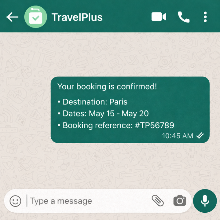 Screenshot of a WhatsApp Business chat from “TravelPlus” displaying a booking confirmation message with destination, travel dates, and booking reference. Two grey check marks are visible, indicating the WhatsApp message has been delivered but not yet read. LINK Mobility is an approved WhatsApp Business Solution Provider (BSP), providing WhatsApp Business API solutions, interface solutions, and automation for transactional messages, booking confirmations, and scalable customer communication.