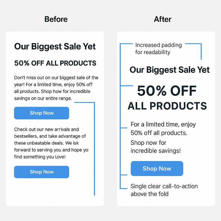Graphic showing Email Design Best Practices with a before-and-after comparison. The “Before” email has dense text and multiple CTAs, while the “After” version uses better spacing, clear hierarchy, and one primary call-to-action for improved readability and engagement.