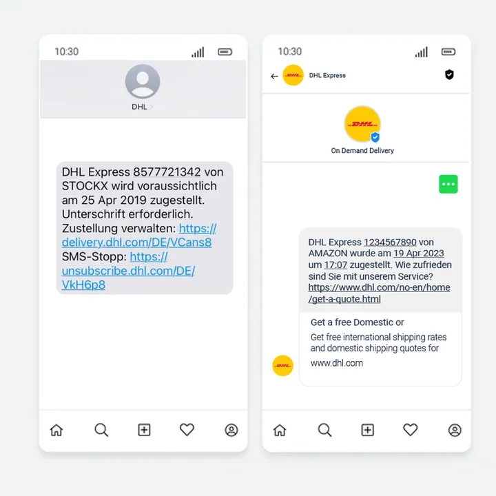 Jämförelse av två smartphoneskärmar som visar DHL-meddelanden. Den vänstra skärmen visar en grundläggande SMS-avisering med vanlig text och länkar för leveranshantering och avregistrering. Den högra skärmen visar ett RCS Business Messaging-gränssnitt med rika funktioner: DHL:s logotyp, verifierad avsändarmärke och interaktiva knappar som erbjuder gratis inhemska eller internationella fraktofferter. RCS-meddelandet innehåller också fet text, klickbara länkar och en renare, mer engagerande layout jämfört med traditionella SMS.