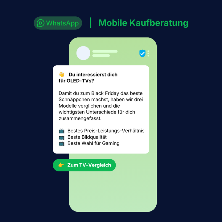 Smartphone-Bildschirm mit einer WhatsApp die zu einem Black-Friday-Preisvergleich für OLED-TVs weiter leitet