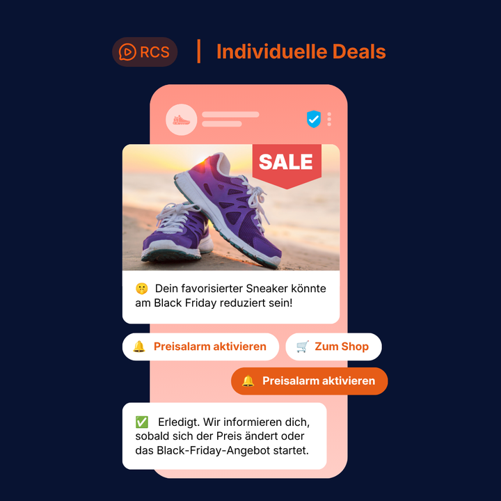 Smartphone-Bildschirm mit einem Sneaker-Angebot per RCS und der Aufforderung eine Preisbenachrichtigung für Black-Friday-Rabatte einzurichten.