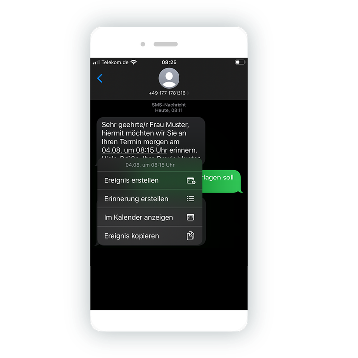 Patienten können Termine per SMS direkt in ihren Kalender eintragen.