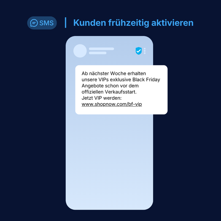 Smartphone-Bildschirm mit einer SMS, die über exklusive VIP-Angebote zum Black Friday informiert.