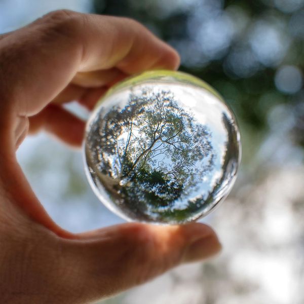 LINK Mobility - Hand hält eine Glaskugel ins Sonnenlicht. Bäume spiegeln sich darin. Transparenz