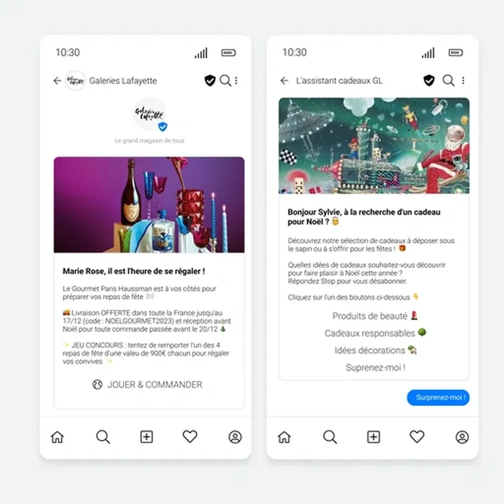 Två smartphoneskärmar som visar RCS Business Messaging från Galeries Lafayette. Den vänstra skärmen har en färgstark bild av gourmetmat och drycker, med fet text som främjar semestermåltider, gratis leverans och en tävling. Den högra skärmen visar ett meddelande med jultema med en levande illustration, personlig hälsning ("Bonjour Sylvie") och interaktiva knappar för skönhetsprodukter, miljövänliga presenter, dekorationer och ett överraskningsalternativ. Båda meddelandena lyfter fram rich media, varumärkesinnehåll och interaktiva element som förbättrar kundernas engagemang jämfört med traditionella SMS.