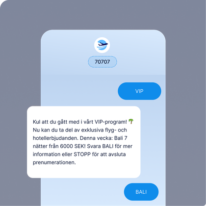 Ett SMS där en kund skickar in kodordet 'VIP' till ett kortnummer för att gå med i ett lojalitetsprogram.