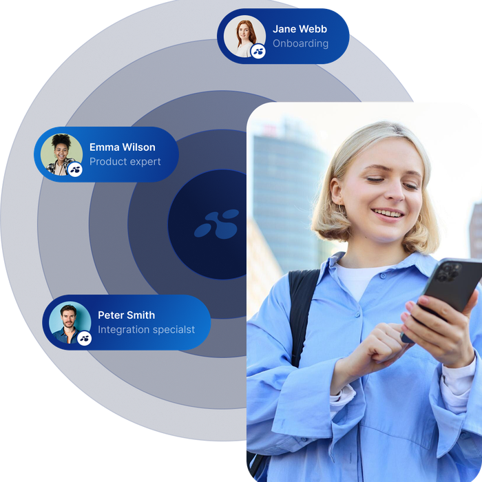 Smiling woman using phone supported by LINK Mobility experts Jane Webb, Emma Wilson, and Peter Smith across onboarding, product, and integration services.