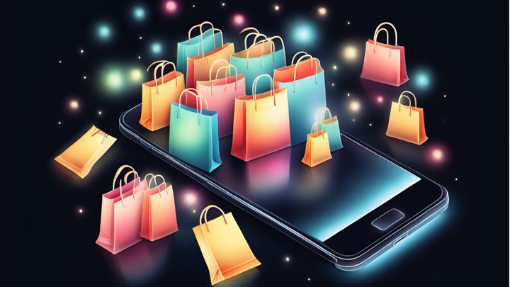 Bunte Einkaufstaschen, die aus einem leuchtenden Smartphone-Bildschirm hervortreten, vor einem dunklen Hintergrund mit funkelnden Lichtern.