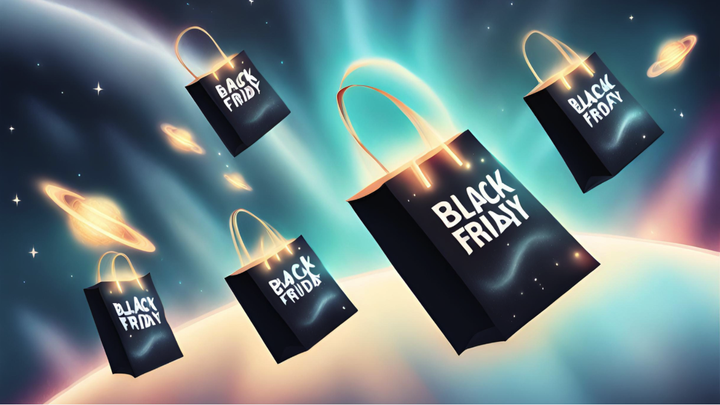Im Weltraum schwebende Black-Friday-Einkaufstüten vor dem Hintergrund leuchtender Planeten und Sterne.
