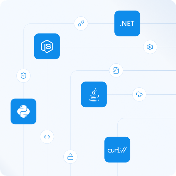 Icons representing programming languages and tools - Node.js, .NET, Python, Java, and cURL—used for integrating with SMS API platforms.