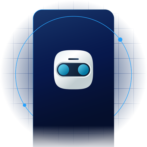 A stylized robot face with blue eyes on a dark blue background, encircled by a light blue orbit line.