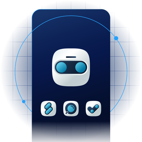 Illustration of chatbot icon representing an add-on tool for MyLINK Connect chatbot, with three smaller feature icons below on a dark background.