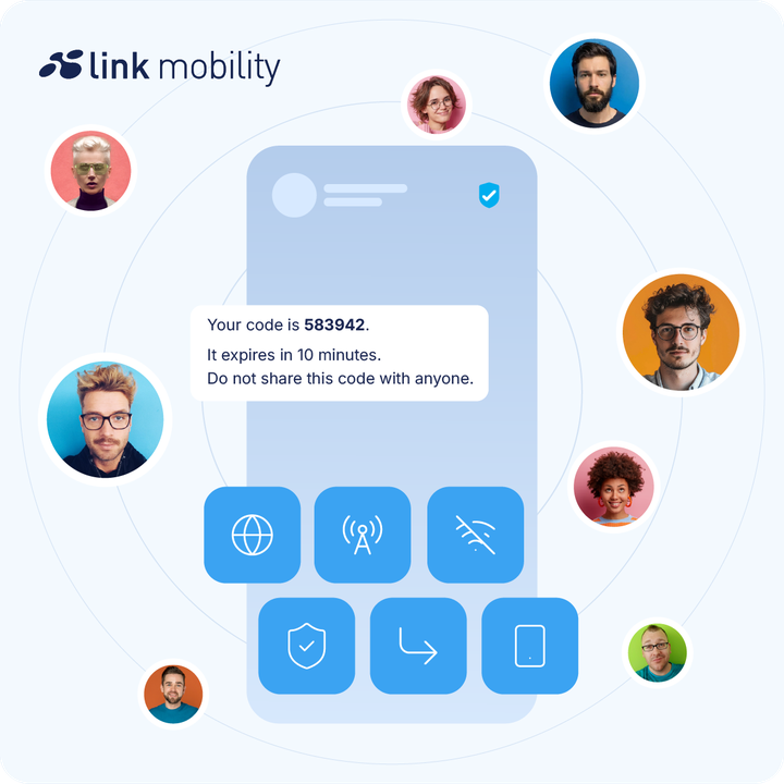 Illustration of SMS one-time password (OTP) authentication on a smartphone with verification code message and multiple users connected, representing secure mobile verification.