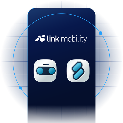 A dark blue background with "Link Mobility" text above two icons resembling stylized abstract shapes.
