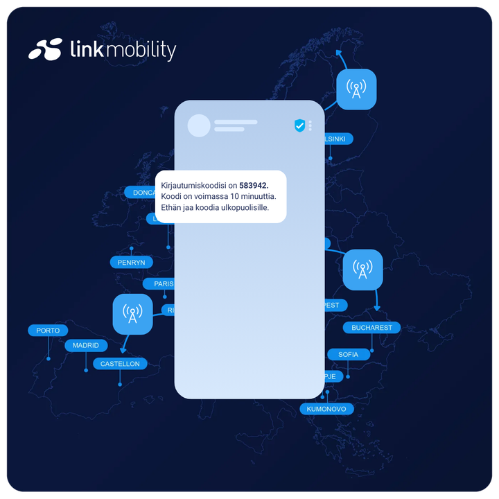 LINK Mobilityn visualisointi, jossa kirjautumiskoodi lähetetään viestinä ja toimitetaan eri Euroopan maihin mobiiliverkkojen kautta.