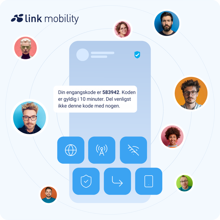 Illustration af SMS-engangskode (OTP)-godkendelse på en smartphone med en besked med verificeringskode og flere tilsluttede brugere, der repræsenterer sikker mobilbekræftelse.