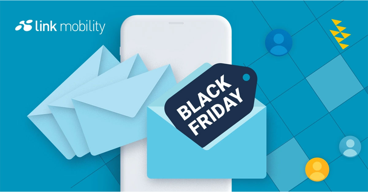 Ein Smartphone, auf dem mehrere blaue Umschläge und ein Black Friday Tag vor einem blauen geometrischen Hintergrund mit dem LINK Mobility Logo zu sehen sind.