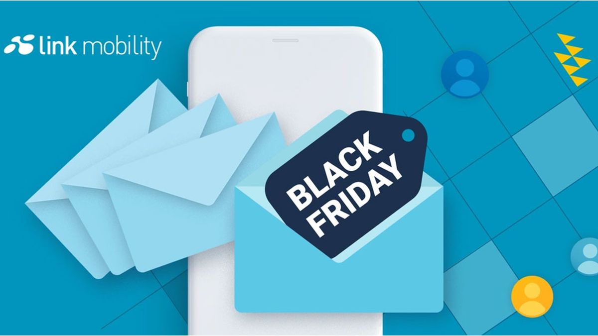 Ein Smartphone, auf dem mehrere blaue Umschläge und ein  Black Friday Tag vor einem blauen geometrischen Hintergrund mit dem  LINK Mobility Logo zu sehen sind.