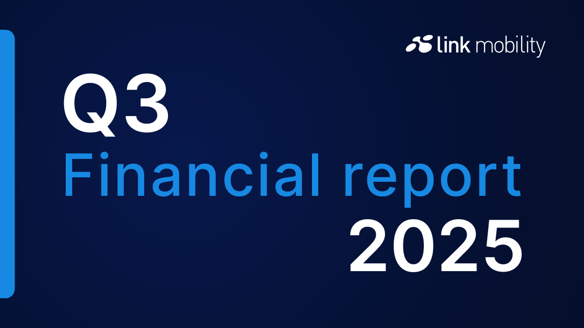 Forsidebillede til LINK Mobilitys Q3 Financial Report 2025. Mørkeblå baggrund med teksten “Q3 Financial report 2025” i store hvide og lyseblå bogstaver, samt LINK Mobility-logoet i øverste højre hjørne. Designet fremstår moderne og professionelt.