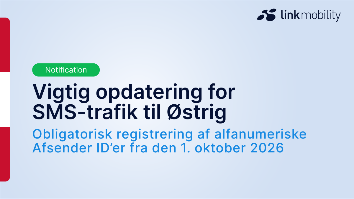 Grafik, der annoncerer en vigtig opdatering om SMS-trafik til Østrig med obligatorisk registrering af alfanumeriske Sender IDs fra den 1. oktober 2026.