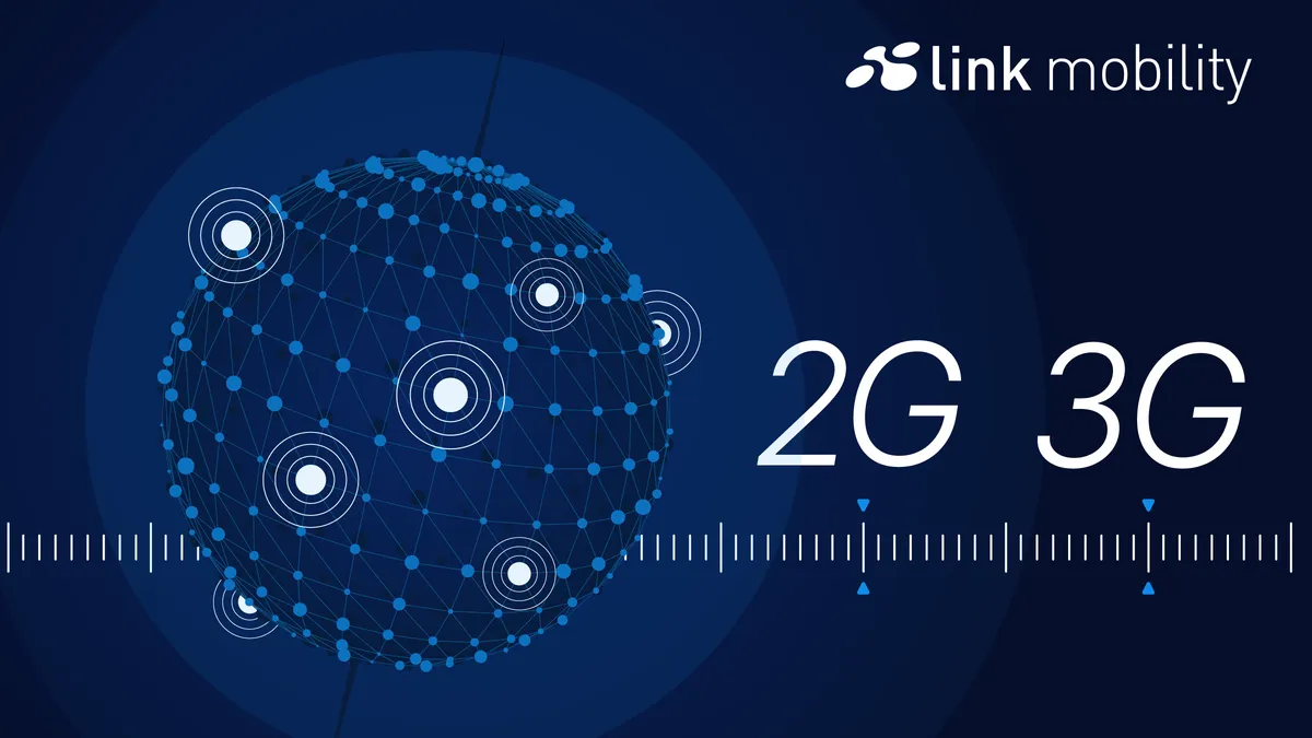 Abstract network sphere with nodes and rings on a dark blue background. "Link Mobility" logo, and text reads "2G 3G."
