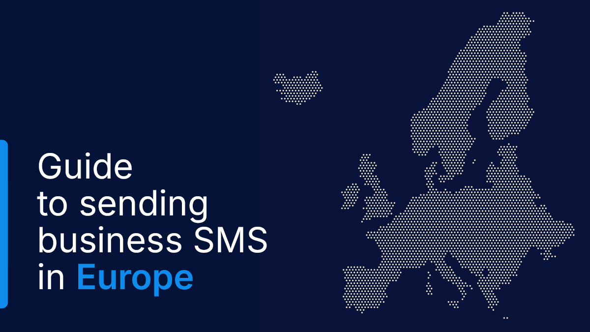 LINK Mobility guide banner for global SMS delivery in Europe, featuring headline text, scalable SMS capabilities, MNO partnerships, local market expertise, and a dotted map of Europe on a dark blue background.