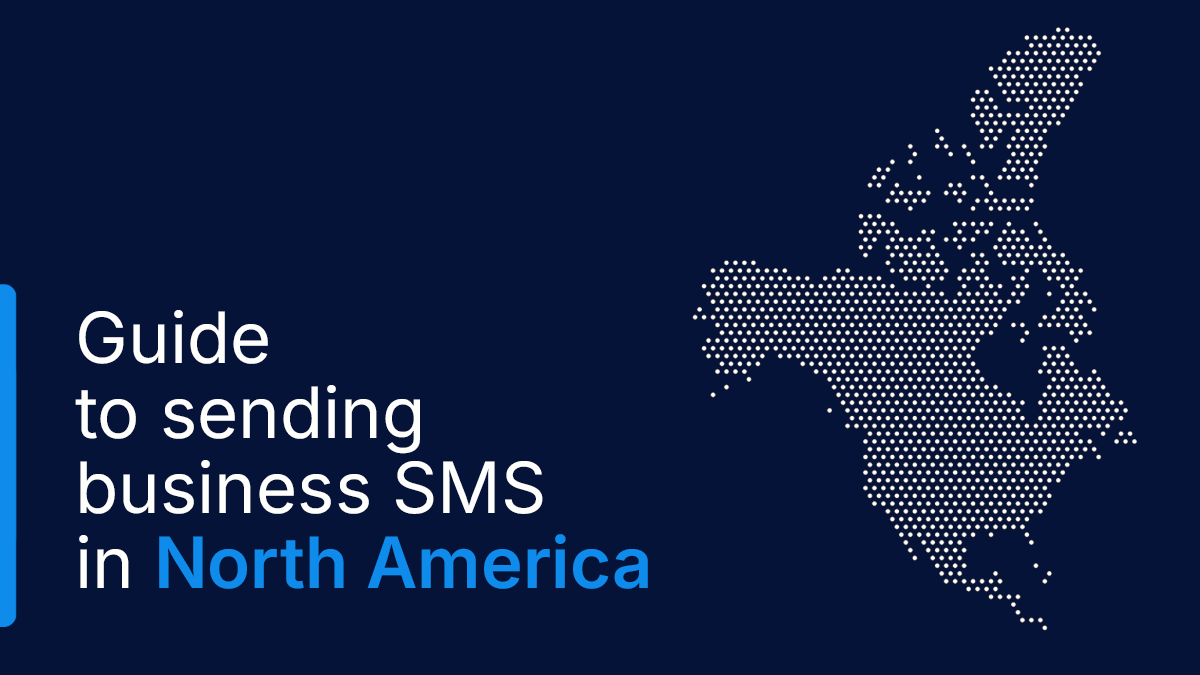 LINK Mobility guide banner for global SMS delivery in North America, featuring headline text, scalable SMS capabilities, MNO partnerships, local market expertise, and a dotted map of North America on a dark blue background.