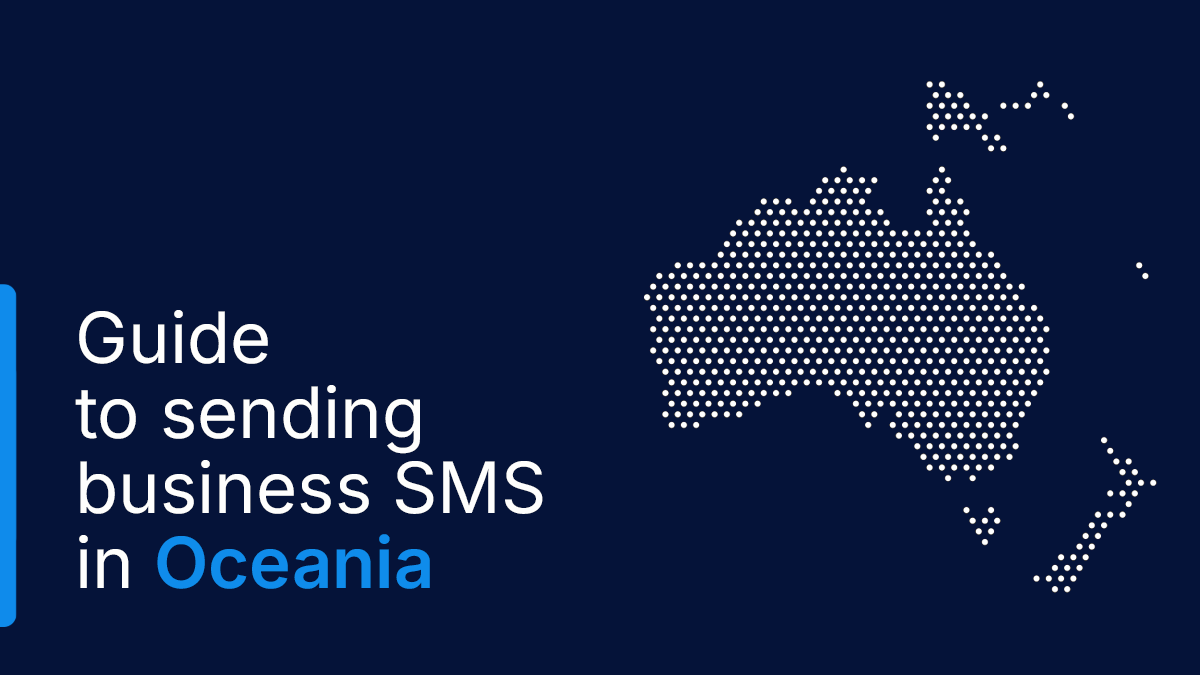 LINK Mobility guide banner for global SMS delivery in Oceania, featuring headline text, scalable SMS capabilities, MNO partnerships, local market expertise, and a dotted map of Oceania on a dark blue background.