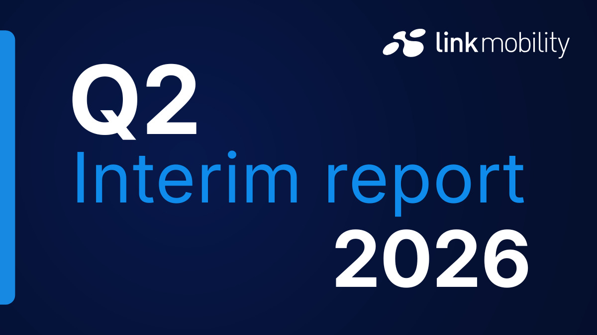 Text på mörkblå bakgrund lyder: "Q2 Interim report 2026" med LINK Mobilitys logotyp i det övre högra hörnet