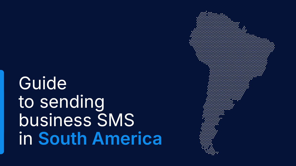 LINK Mobility guide banner for global SMS delivery in South America, featuring headline text, scalable SMS capabilities, MNO partnerships, local market expertise, and a dotted map of South America on a dark blue background.